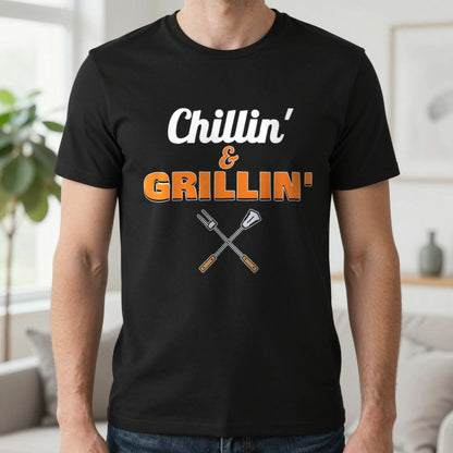 Chillin' And Grillin' Funny BBQ T-Shirt & Sweatshirt in Black (T-Shirt), worn, our photo