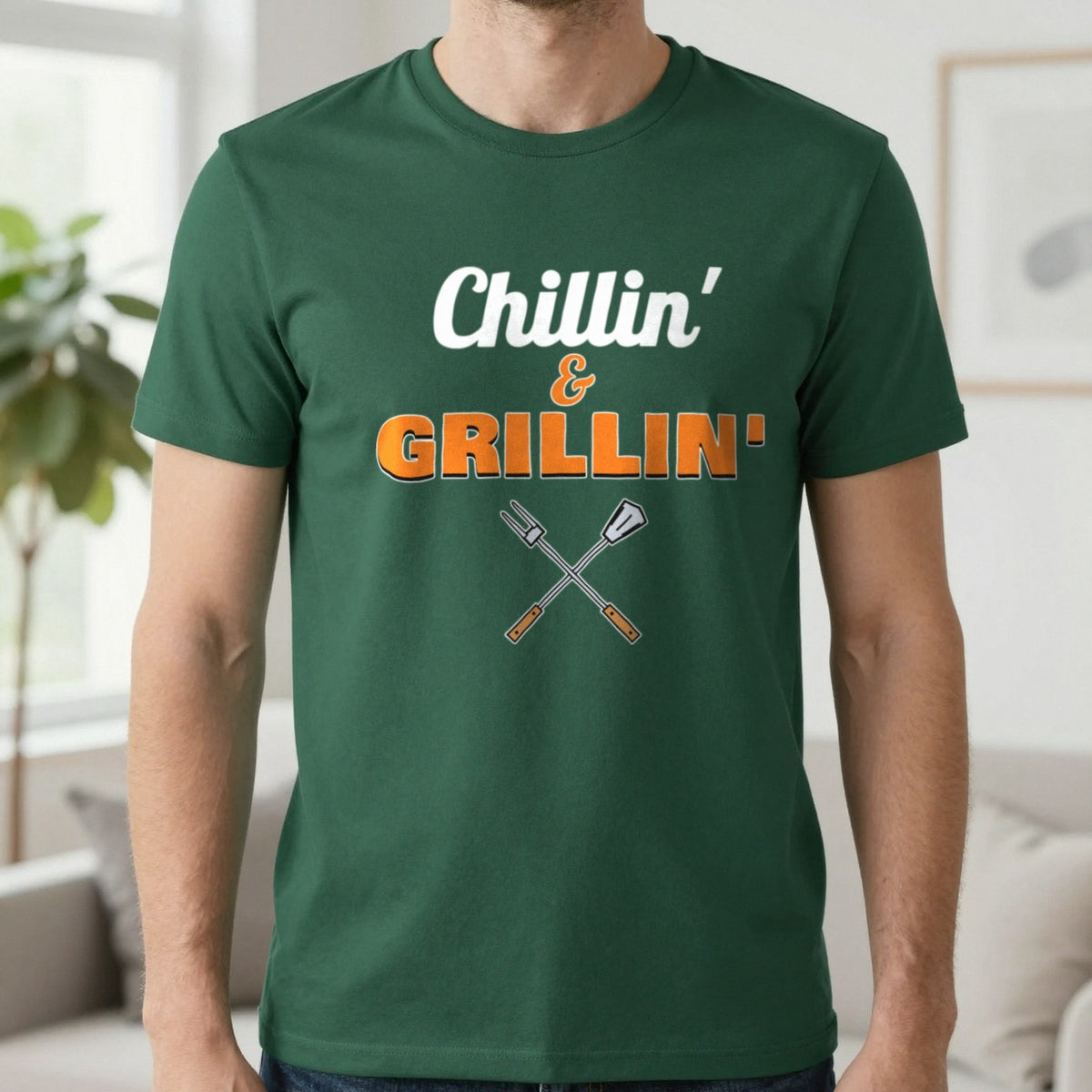 Chillin' And Grillin' Funny BBQ T-Shirt & Sweatshirt in Forest Green (T-Shirt), worn, our photo