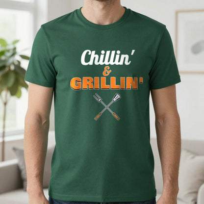 Chillin' And Grillin' Funny BBQ T-Shirt & Sweatshirt in Forest Green (T-Shirt), worn, our photo