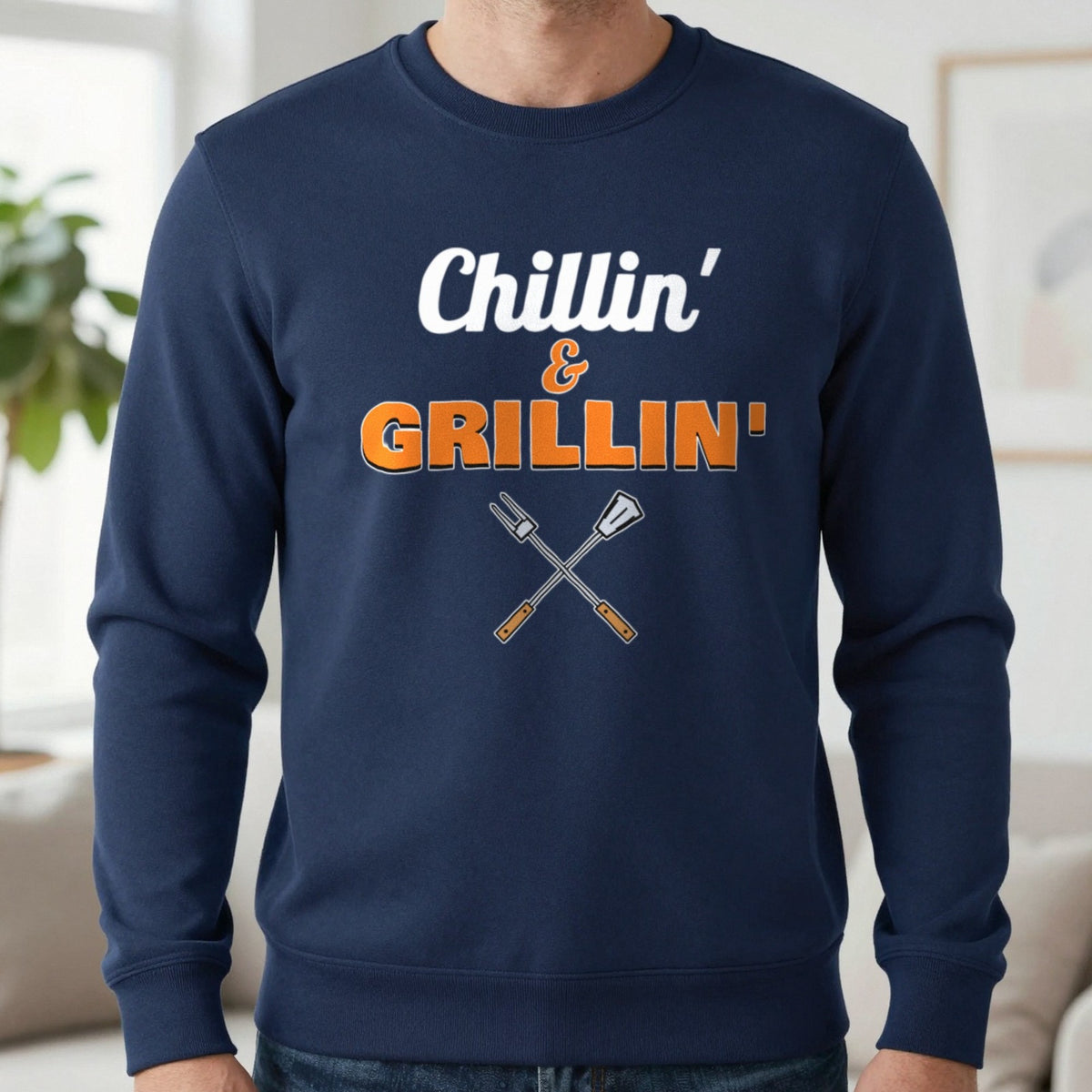 Chillin' And Grillin' Funny BBQ T-Shirt & Sweatshirt in Navy (Sweatshirt), worn, our photo