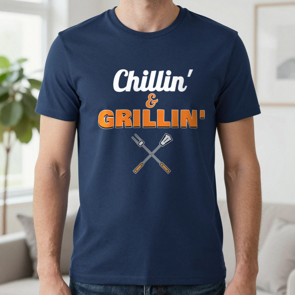 Chillin' And Grillin' Funny BBQ T-Shirt & Sweatshirt in Navy (T-Shirt), worn, our photo