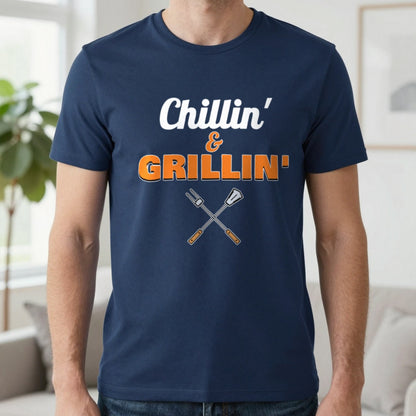 Chillin' And Grillin' Funny BBQ T-Shirt & Sweatshirt in Navy (T-Shirt), worn, our photo