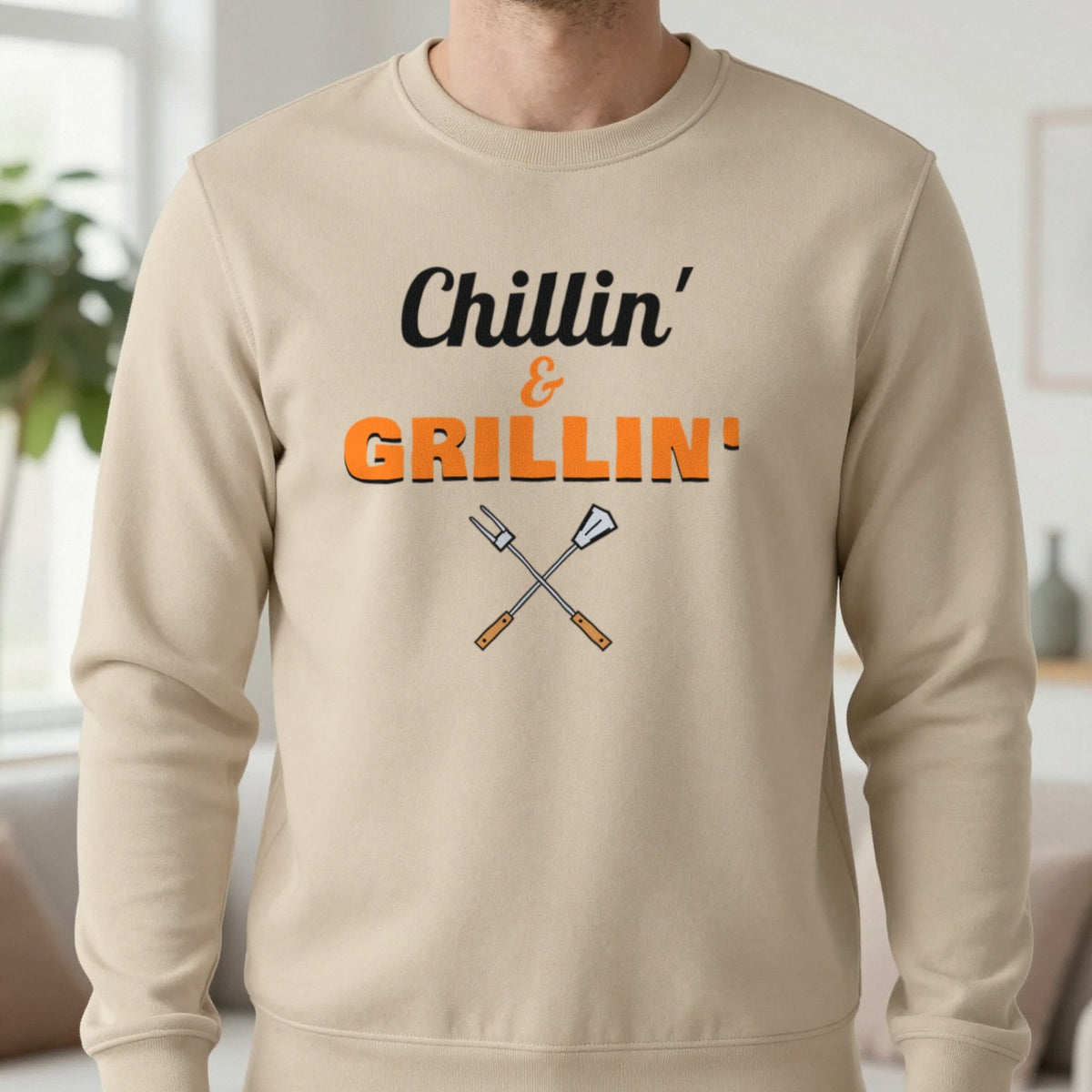 Chillin' And Grillin' Funny BBQ T-Shirt & Sweatshirt in Sand (Sweatshirt), worn, our photo
