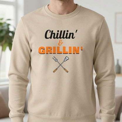 Chillin' And Grillin' Funny BBQ T-Shirt & Sweatshirt in Sand (Sweatshirt), worn, our photo