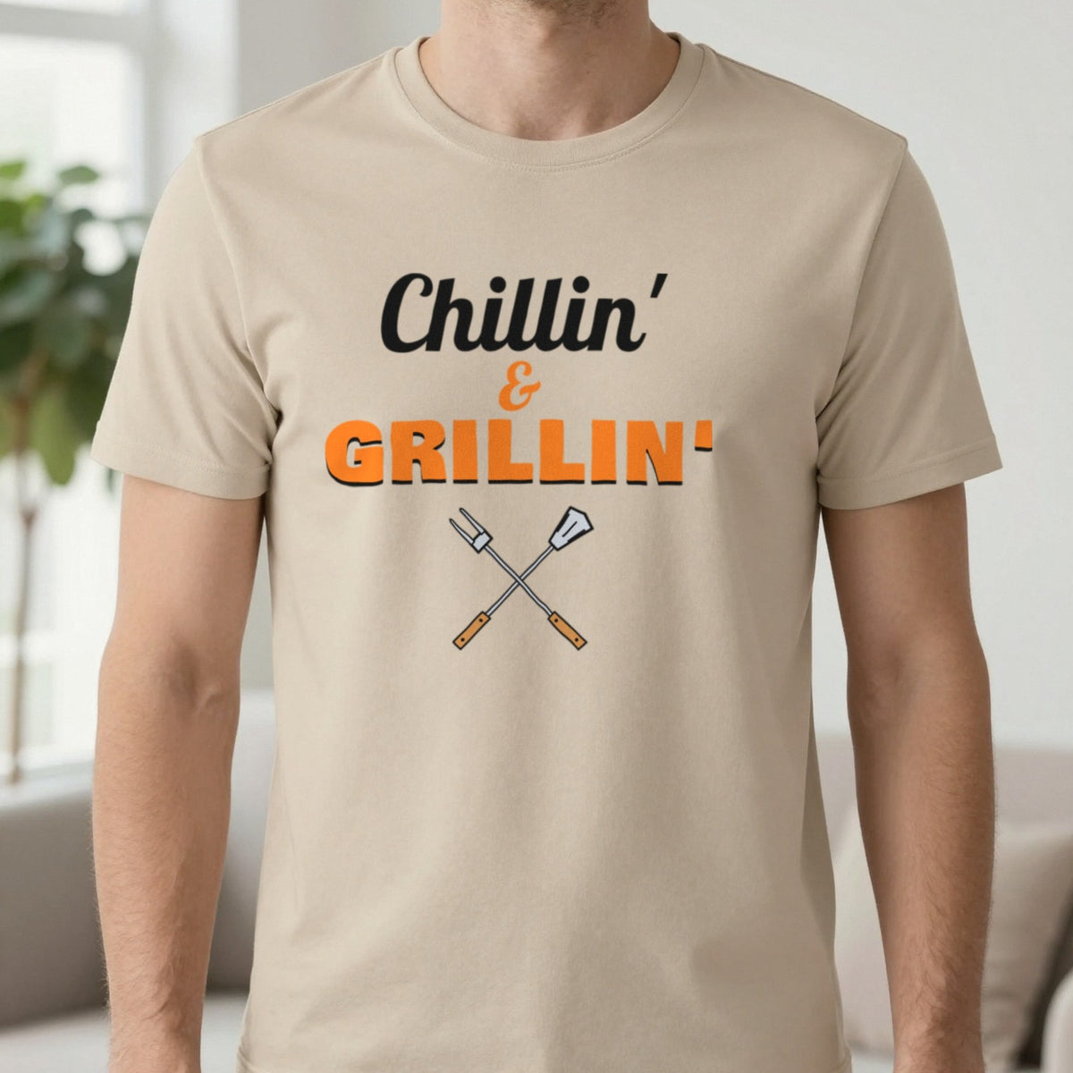 Chillin' And Grillin' Funny BBQ T-Shirt & Sweatshirt in Sand (T-Shirt), worn, our photo