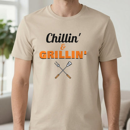 Chillin' And Grillin' Funny BBQ T-Shirt & Sweatshirt in Sand (T-Shirt), worn, our photo