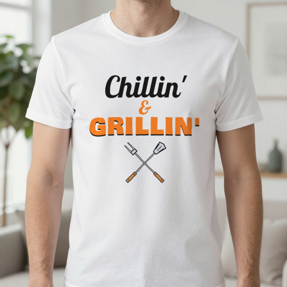 Chillin' And Grillin' Funny BBQ T-Shirt & Sweatshirt in White (T-Shirt), worn, our photo