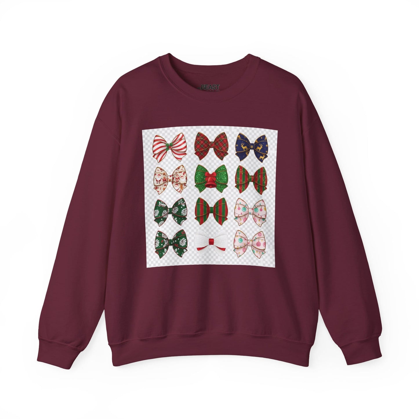 maroon sweatshirt with Christmas bow pattern design gift for her