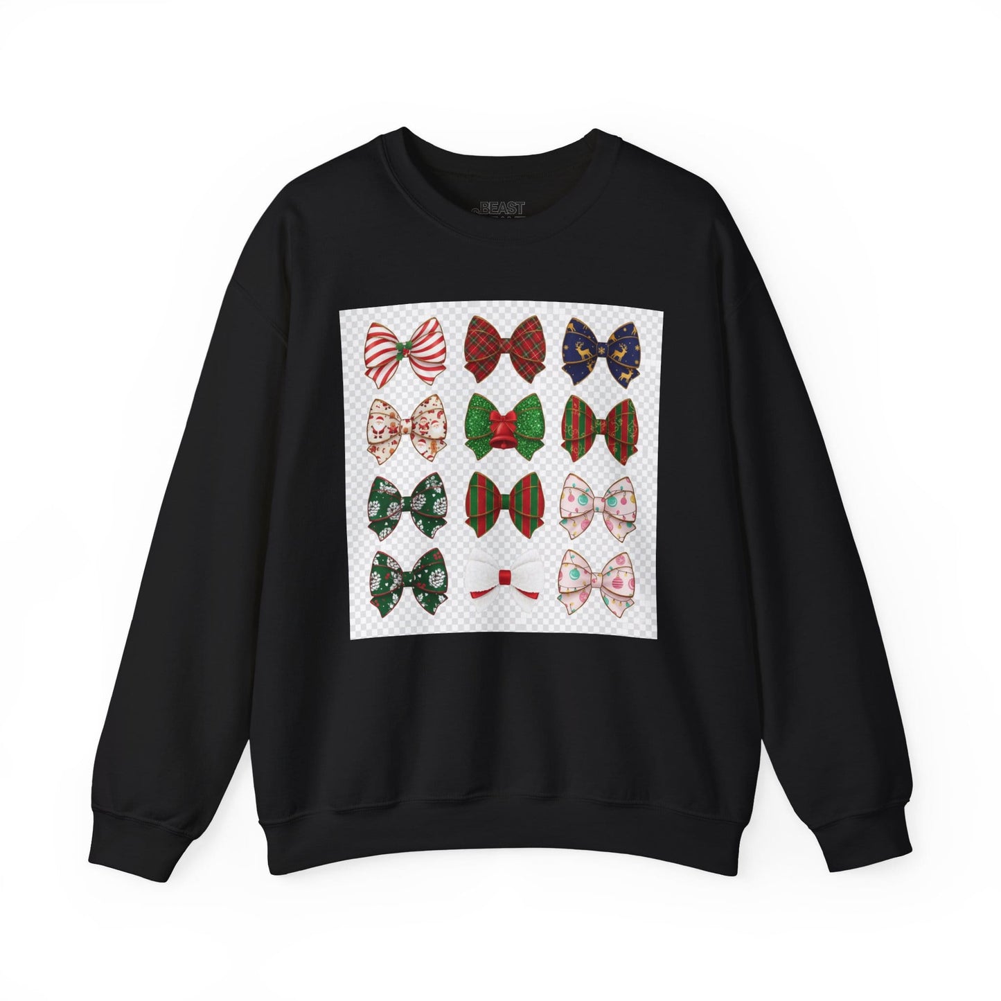 black sweatshirt with all-over Christmas bow pattern for women