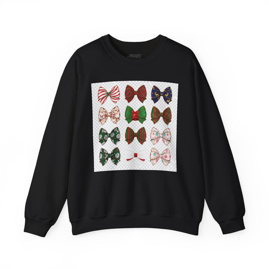 black sweatshirt with all-over Christmas bow pattern for women