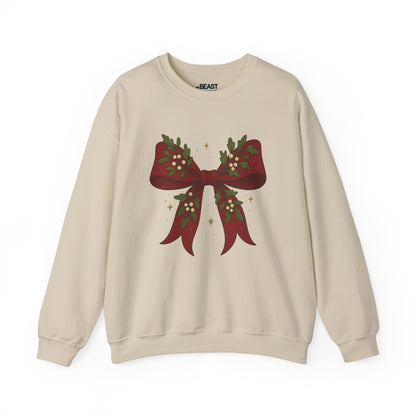 sand sweatshirt with christmas bow print — coquette festive sweatshirt for her
