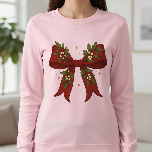 Christmas Bow Sweatshirt in Light Pink, worn, our photo