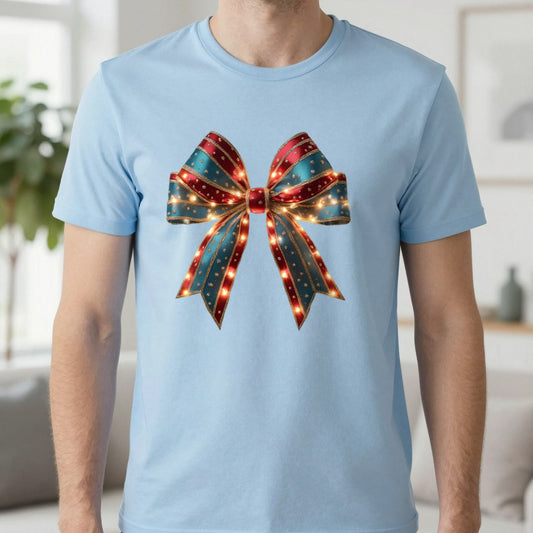 Christmas Bow T-Shirt in Light Blue, worn, our photo