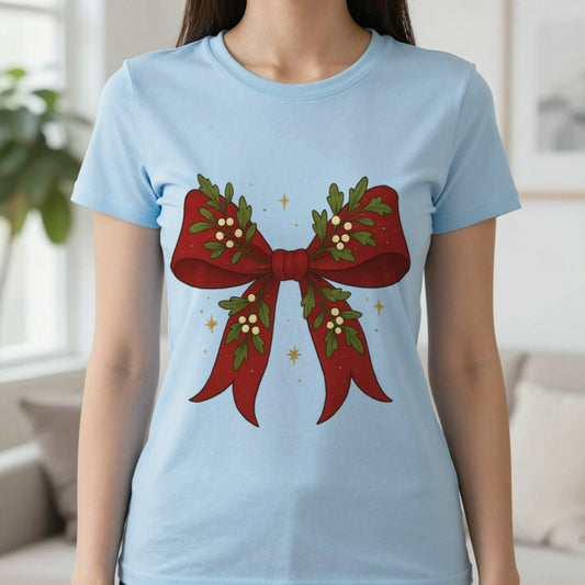Christmas Bow T-Shirt in Light Blue, worn, our photo