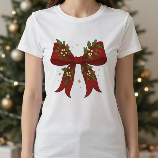 Christmas Bow T-Shirt in White, worn, our photo