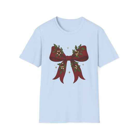 white t-shirt with Christmas bow design