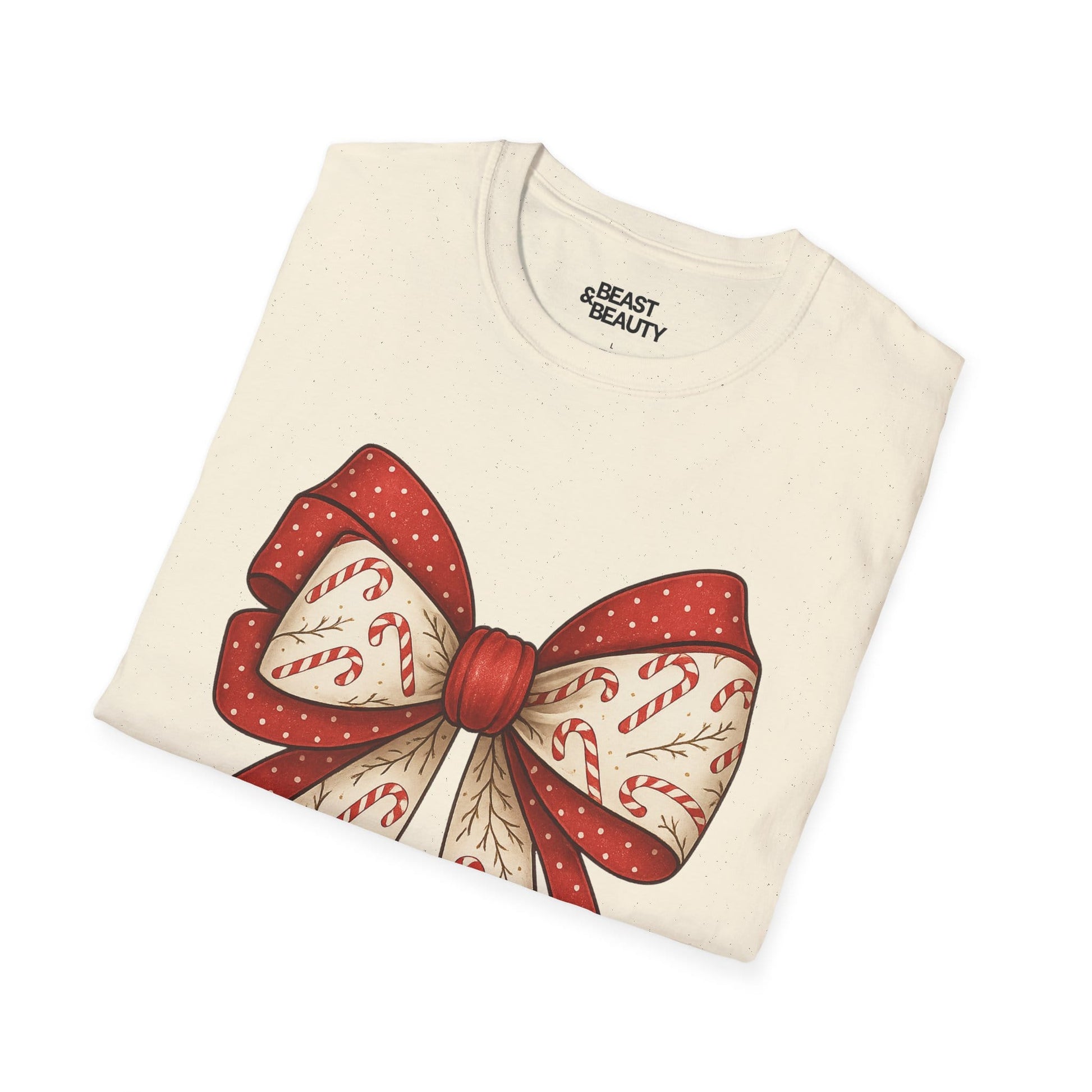 christmas candy canes bow t-shirt detail shot holiday gift for women