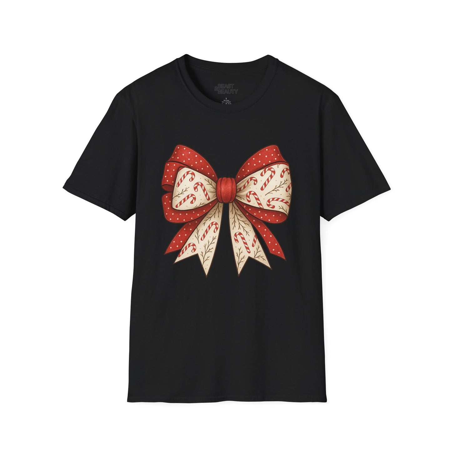 black t-shirt with candy canes bow christmas gift design for her