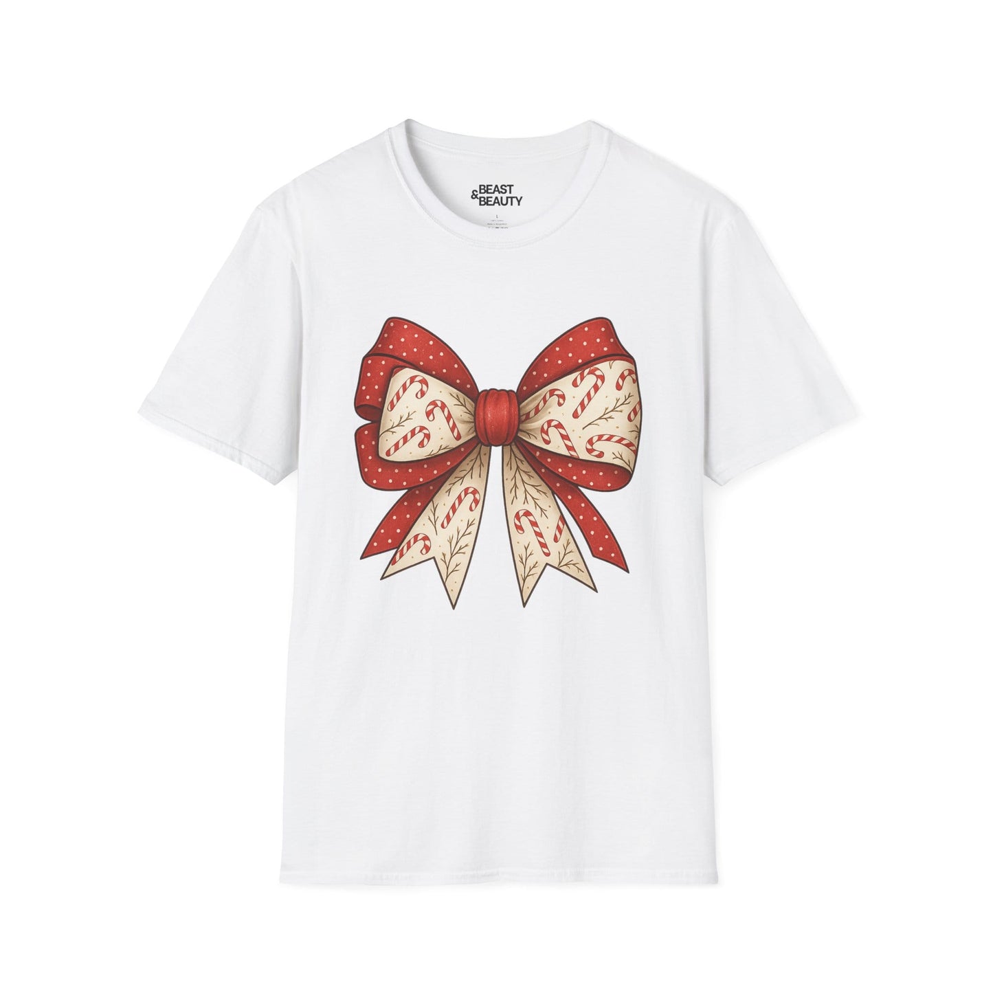 white t-shirt with christmas candy canes bow coquette design for women
