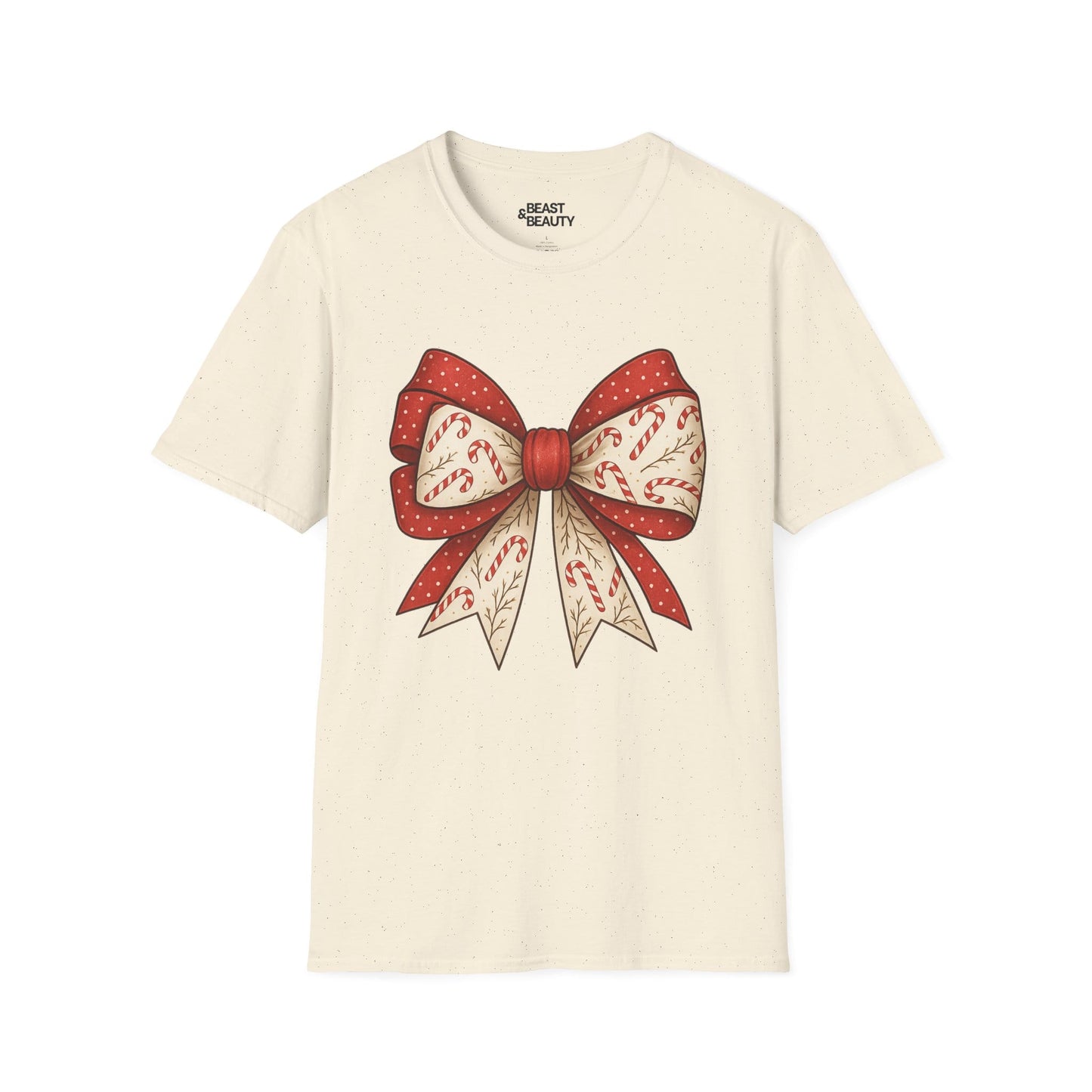 natural coloured t-shirt with christmas candy canes bow design for her