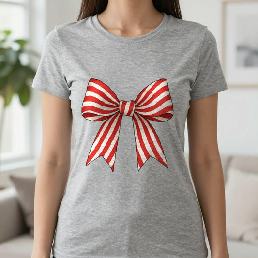 Christmas Candy Canes Bow T-Shirt in Sport Grey, worn, our photo