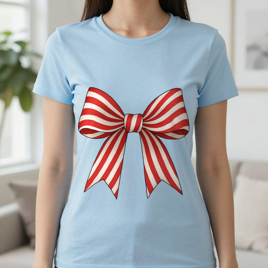 Christmas Candy Canes Bow T-Shirt in Light Blue, worn, our photo