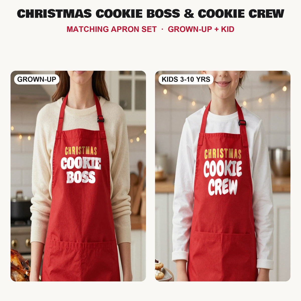 Christmas Cookie Boss & Cookie Crew matching apron set in Red: grown-up and kids aprons, our photo
