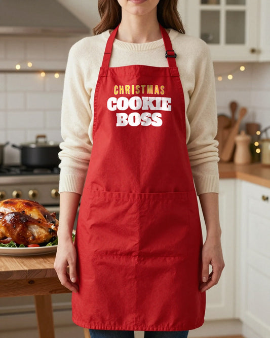 Christmas Cookie Boss & Cookie Crew grown-up apron, worn