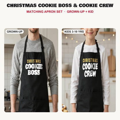 Christmas Cookie Boss & Cookie Crew matching apron set in Black: grown-up and kids aprons, our photo