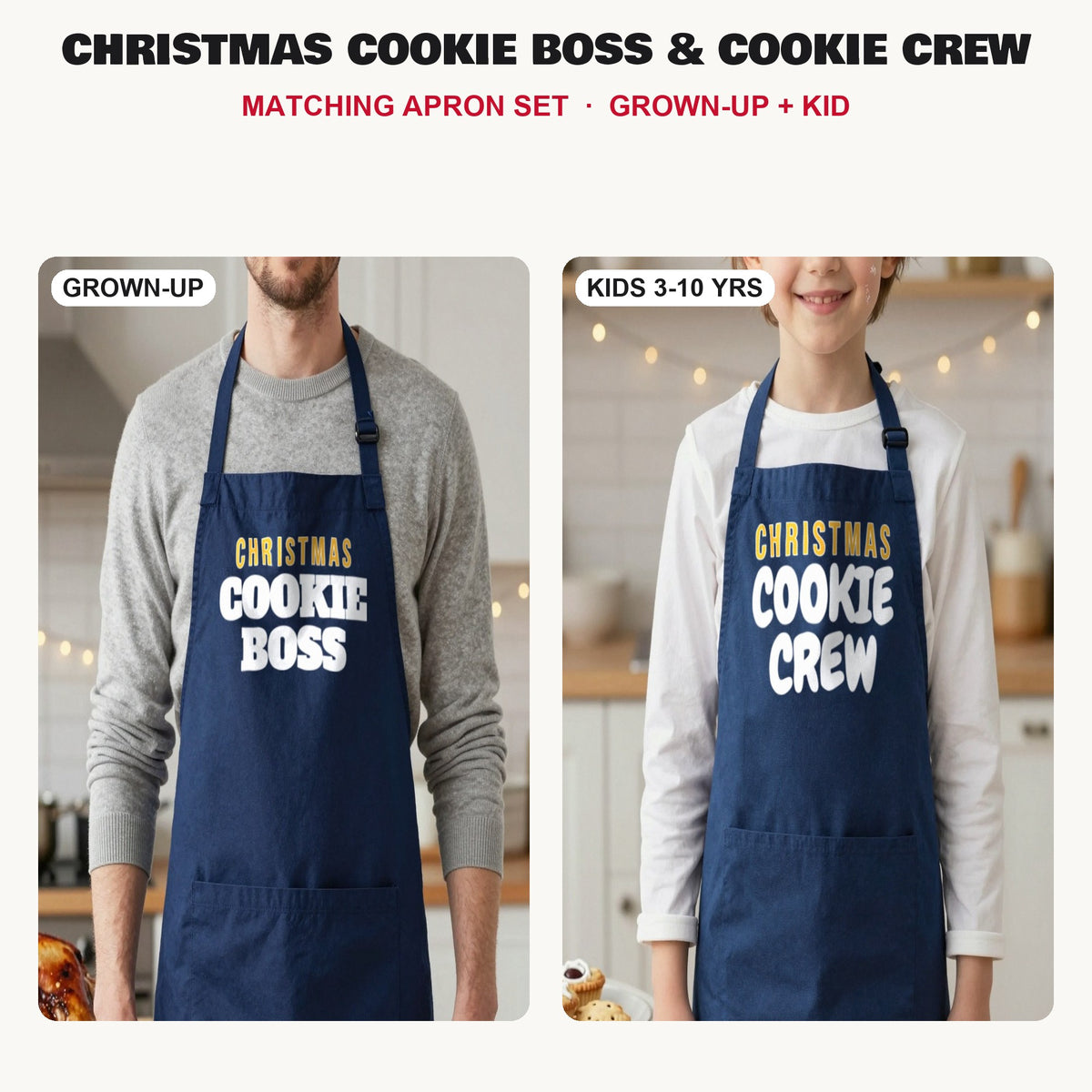 Christmas Cookie Boss & Cookie Crew matching apron set in Navy: grown-up and kids aprons, our photo