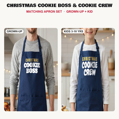 Christmas Cookie Boss & Cookie Crew matching apron set in Navy: grown-up and kids aprons, our photo