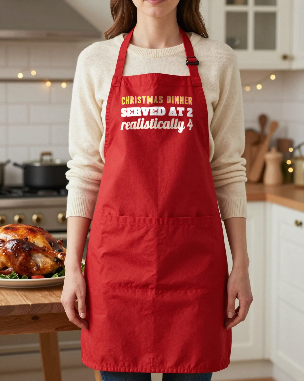 Christmas Dinner Served At 2 Realistically 4 Christmas apron in Red, worn, our photo