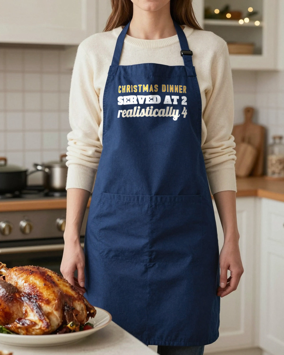 Christmas Dinner Served At 2 Realistically 4 Christmas apron in Navy, worn, our photo