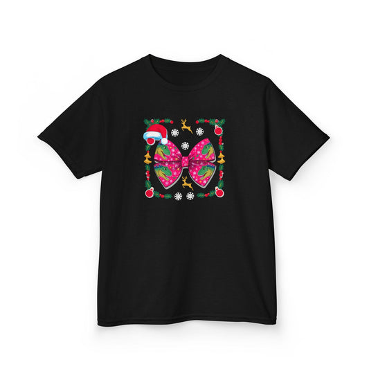 black kids t-shirt with Christmas dino bow holiday graphic