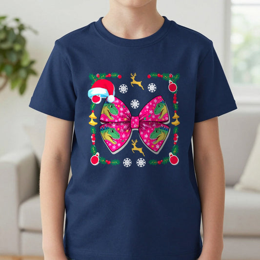 Christmas Dino Bow Kids T-Shirt in Navy, worn, our photo