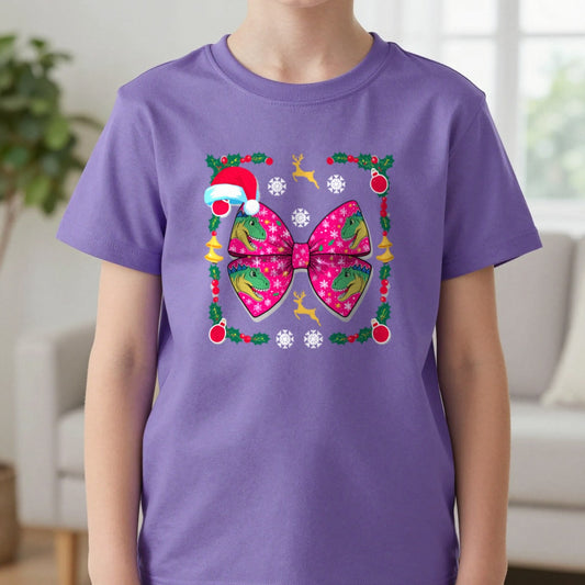 Christmas Dino Bow Kids T-Shirt in Purple, worn, our photo