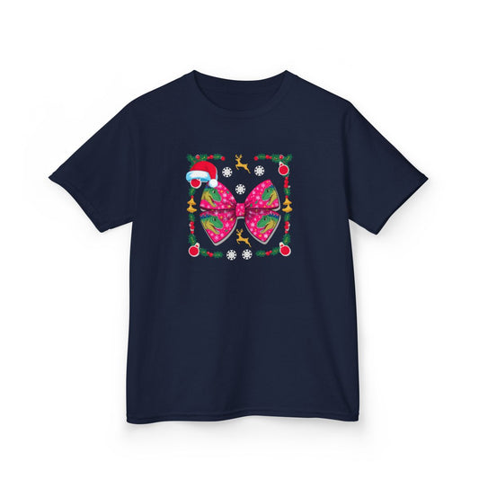 Christmas Dino Bow Kids T-Shirt - funny t-shirt by Cheeky Business