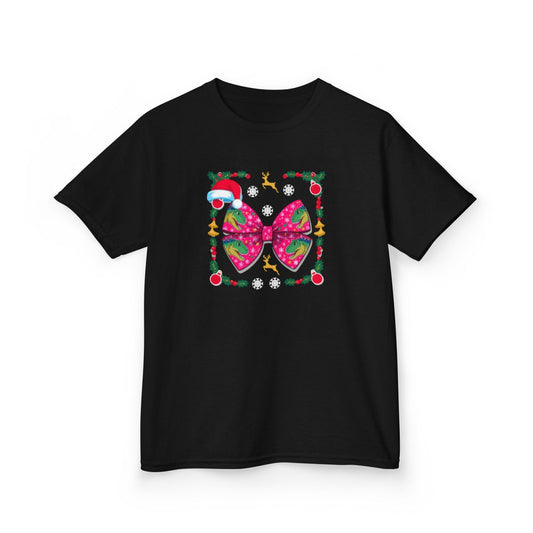 Christmas Dino Bow Kids T-Shirt - funny t-shirt by Cheeky Business
