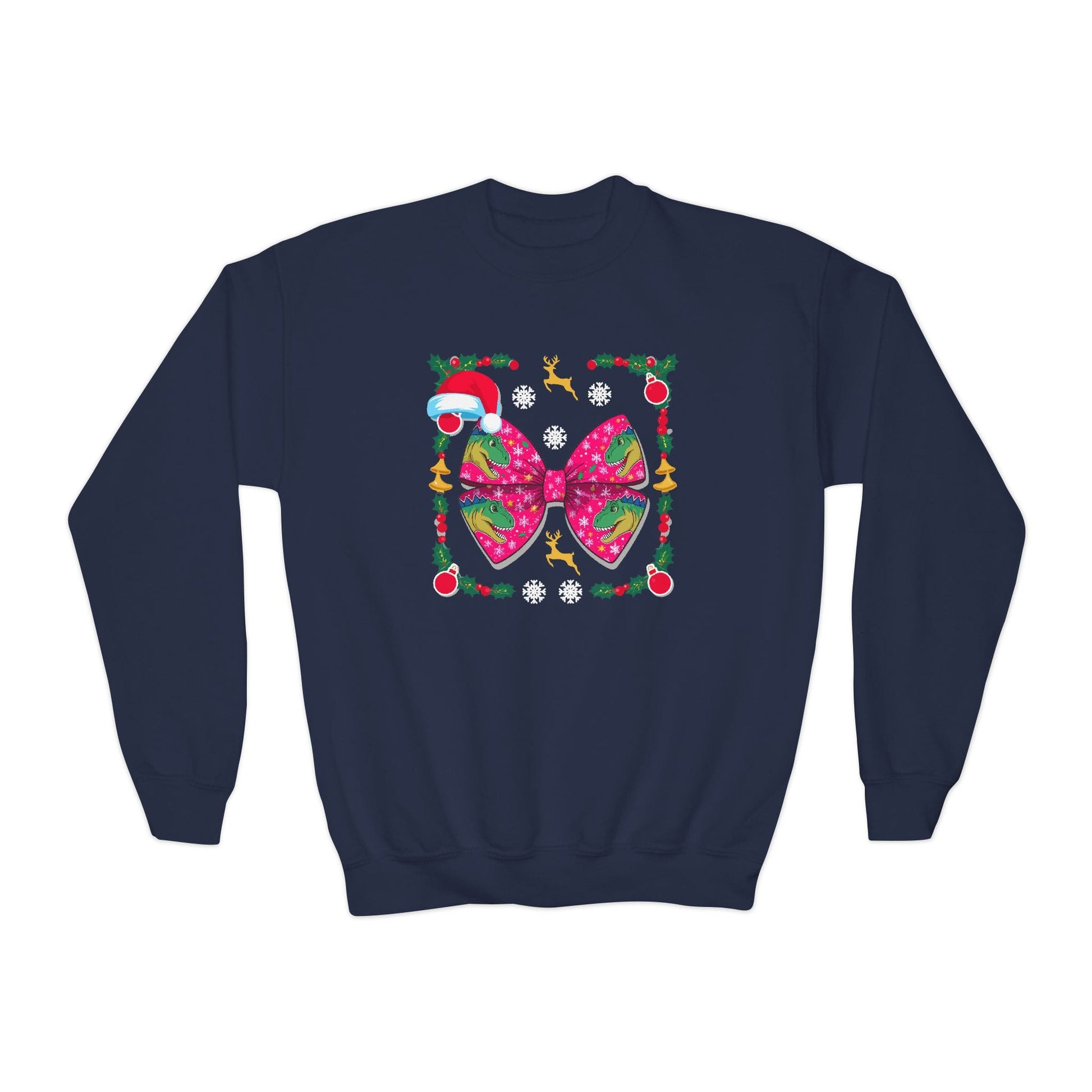 navy youth sweatshirt with Christmas dino bow holiday design for children