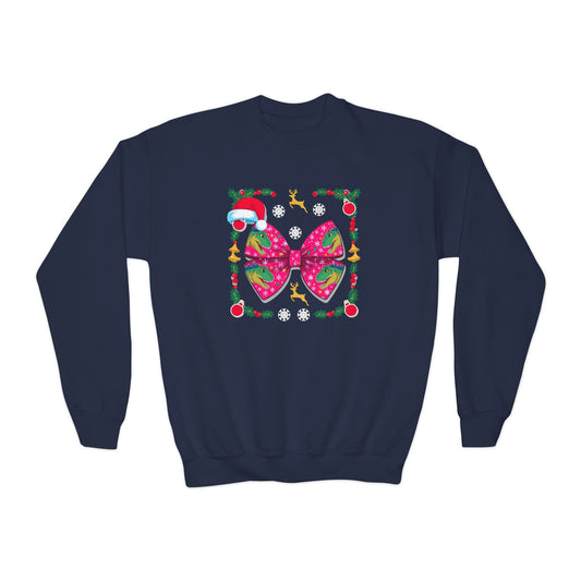 navy youth sweatshirt with Christmas dino bow holiday design for children