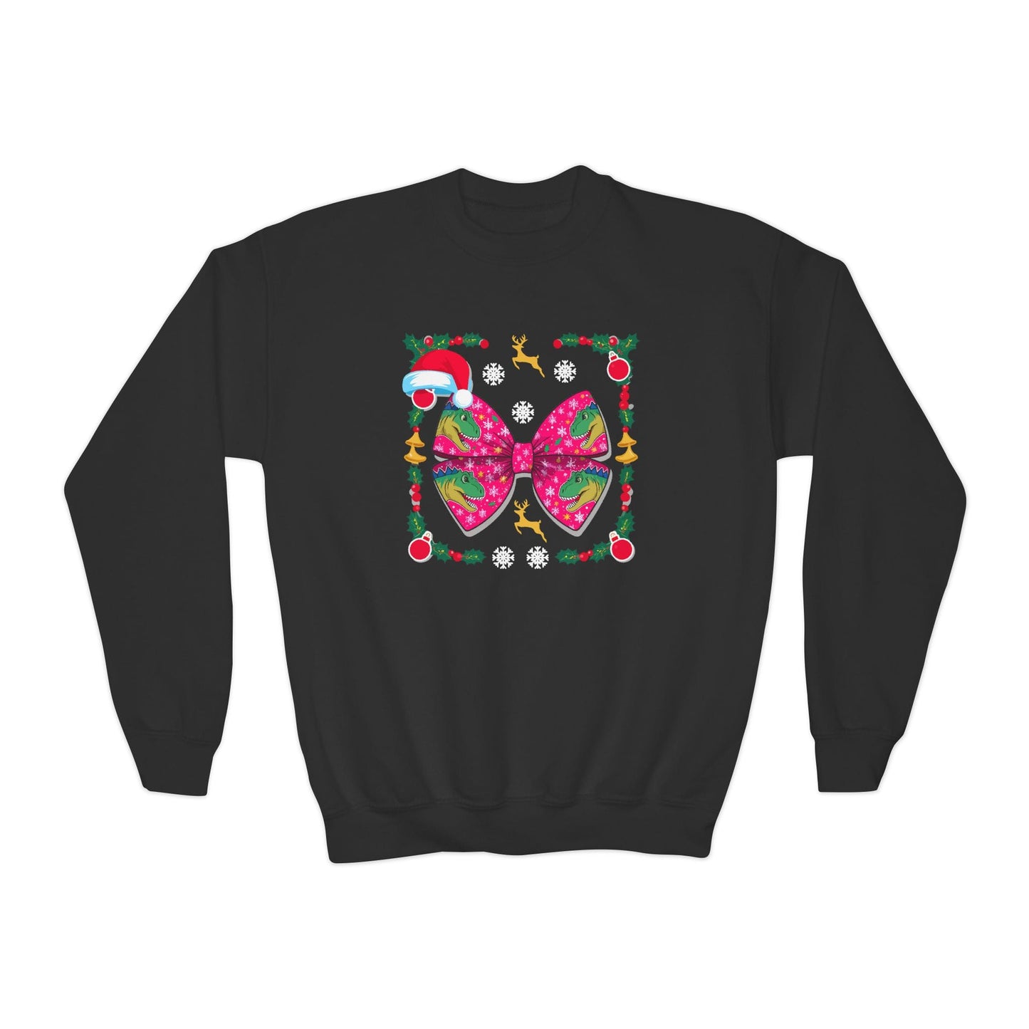 black youth sweatshirt with Christmas dino bow festive graphic for kids