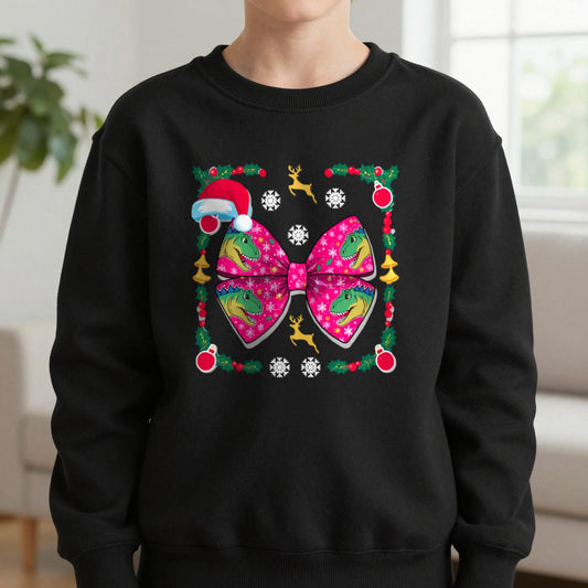 Christmas Dino Bow Youth Sweatshirt in Black, worn, our photo