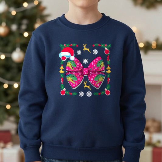Christmas Dino Bow Youth Sweatshirt in Navy, worn, our photo