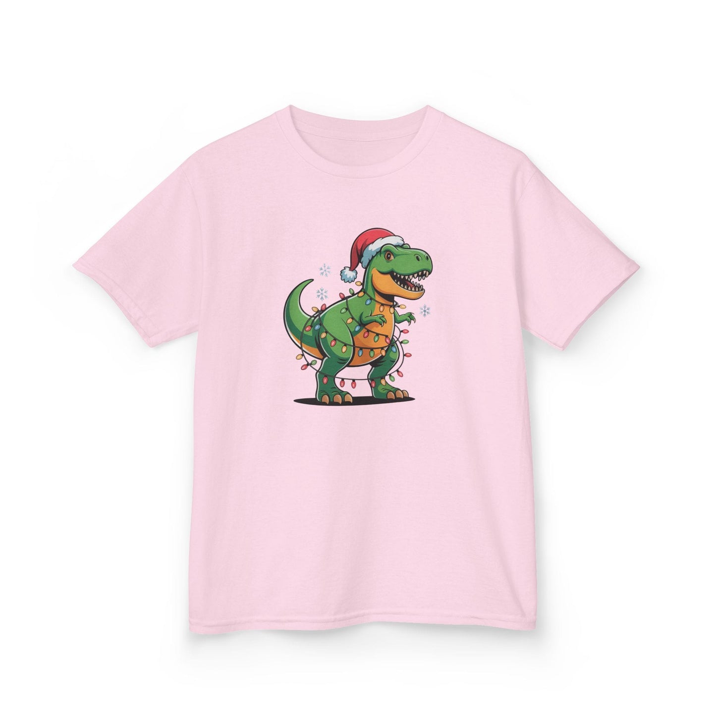 light pink kids t-shirt with fun dinosaur christmas design for girls