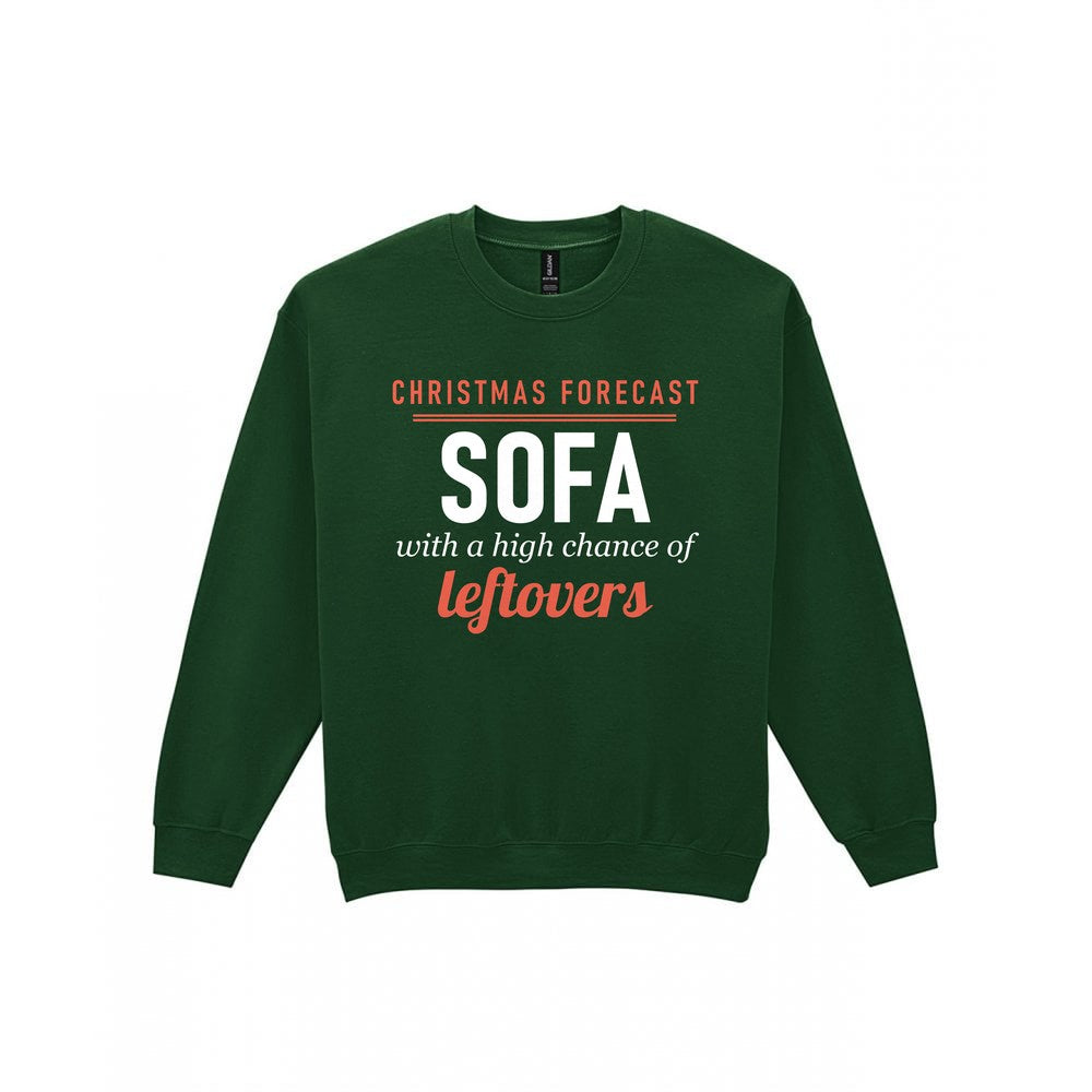 Christmas Forecast Sofa With A High Chance Of Leftovers Funny Christmas Jumper & T-Shirt Sweatshirt in Forest Green