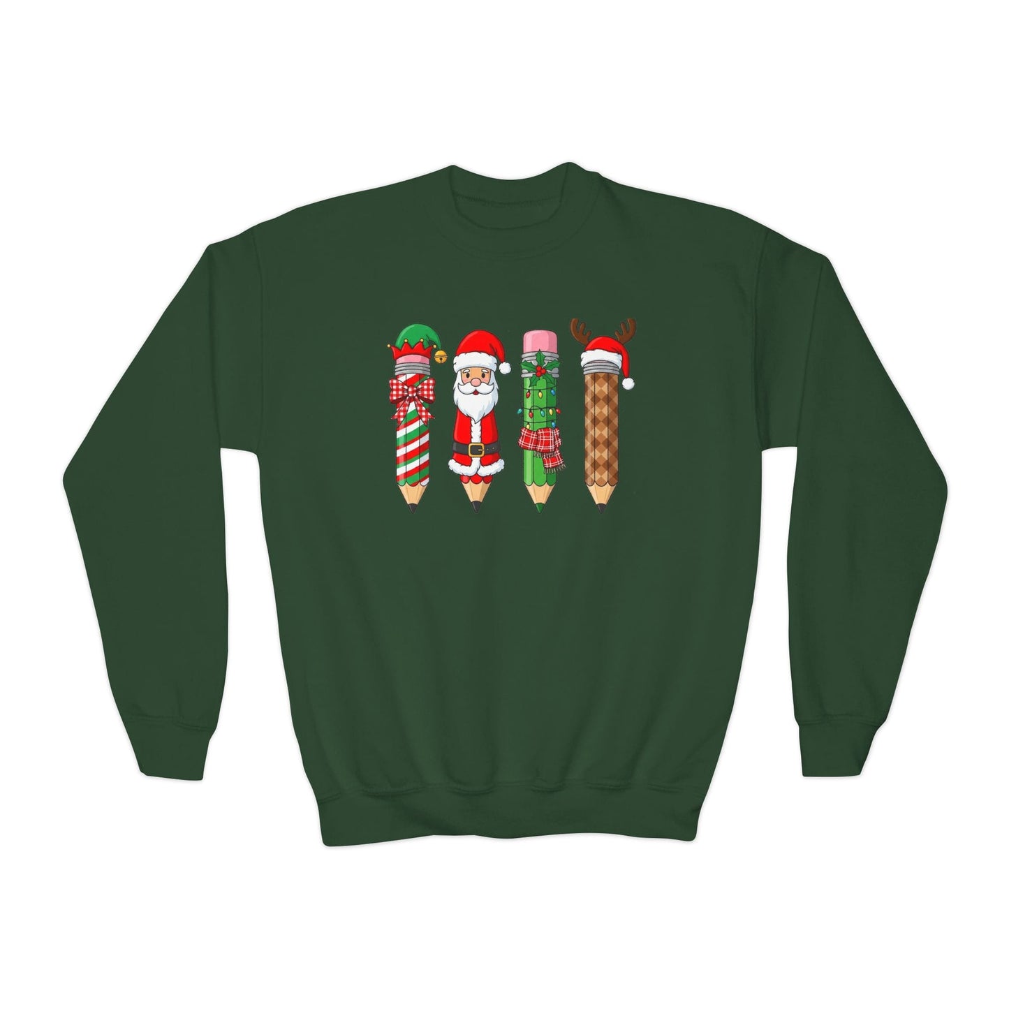 forest green youth sweatshirt with christmas pencil festive design for kids