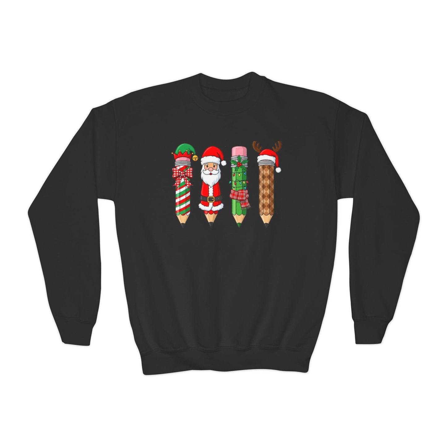black youth sweatshirt with school-inspired christmas pencil graphic