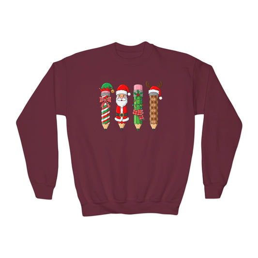 maroon youth sweatshirt with christmas pencil crew design for children