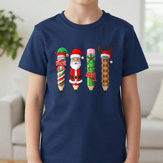 Christmas Pencil Crew Youth Sweatshirt worn, lifestyle photo