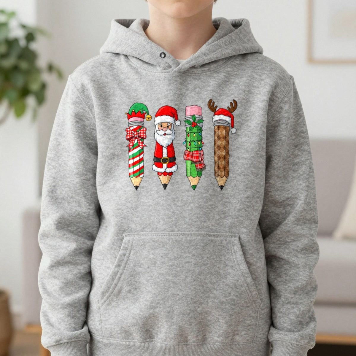Christmas Pencil Kids Hoodie in Sport Grey, worn, our photo